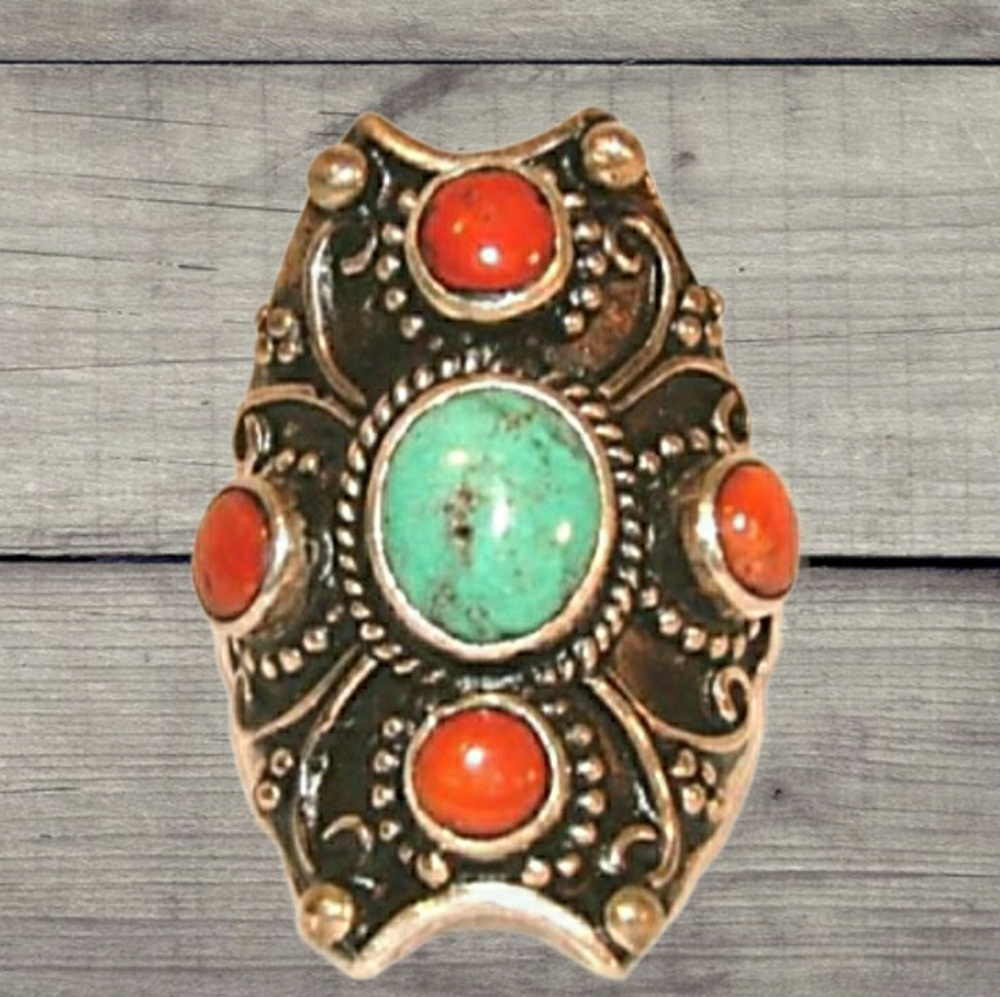 Rare Solid Sterling Silver .925 Turquoise Ring 11 Boho Vintage